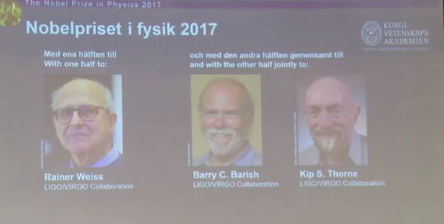 诺贝尔物理学奖揭晓 三位科学家因引力波获奖