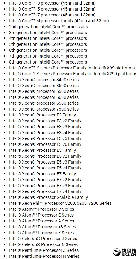 Intel发布漏洞CPU完整名单：1到8代酷睿全部中招