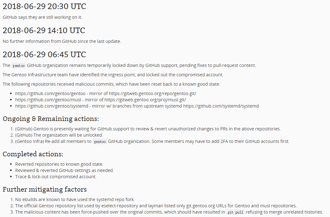Gentoo Linux 的 GitHub 仓库被入侵，意图删除所有文件
