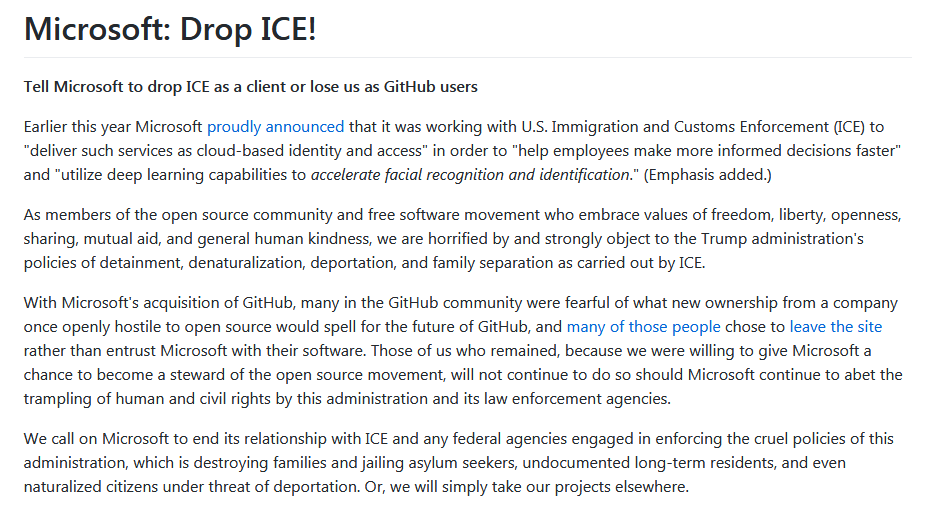 Github 用户喊话微软：放弃 ICE 吧，不然会失去我们的