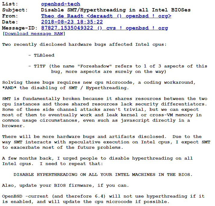 OpenBSD 6.4 将默认停用英特尔处理器的超线程功能