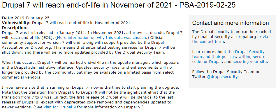 Drupal7 将到2021年11月结束支持，请注意升级