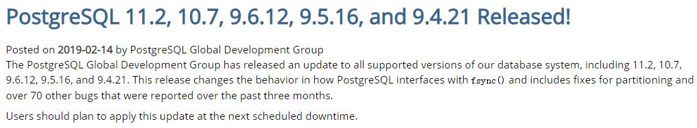PostgreSQL 11.2, 10.7, 9.6.12, 9.5.16 和 9.4.21 发布