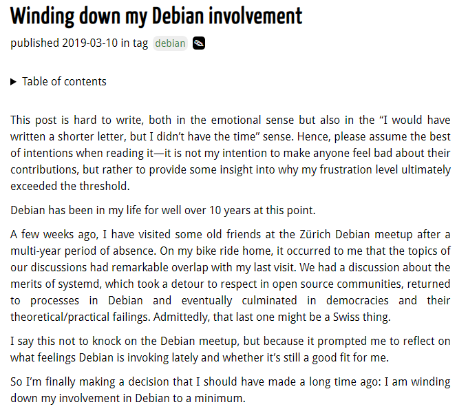Debian 包维护者不满 Debian 开发流程，宣布退出