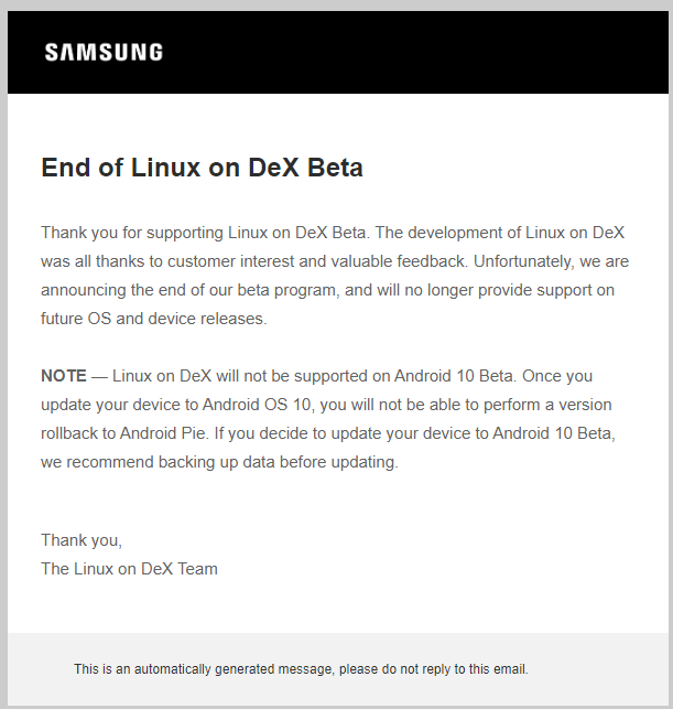 三星宣布结束 Linux on DeX 项目，仅存活了 11 个月