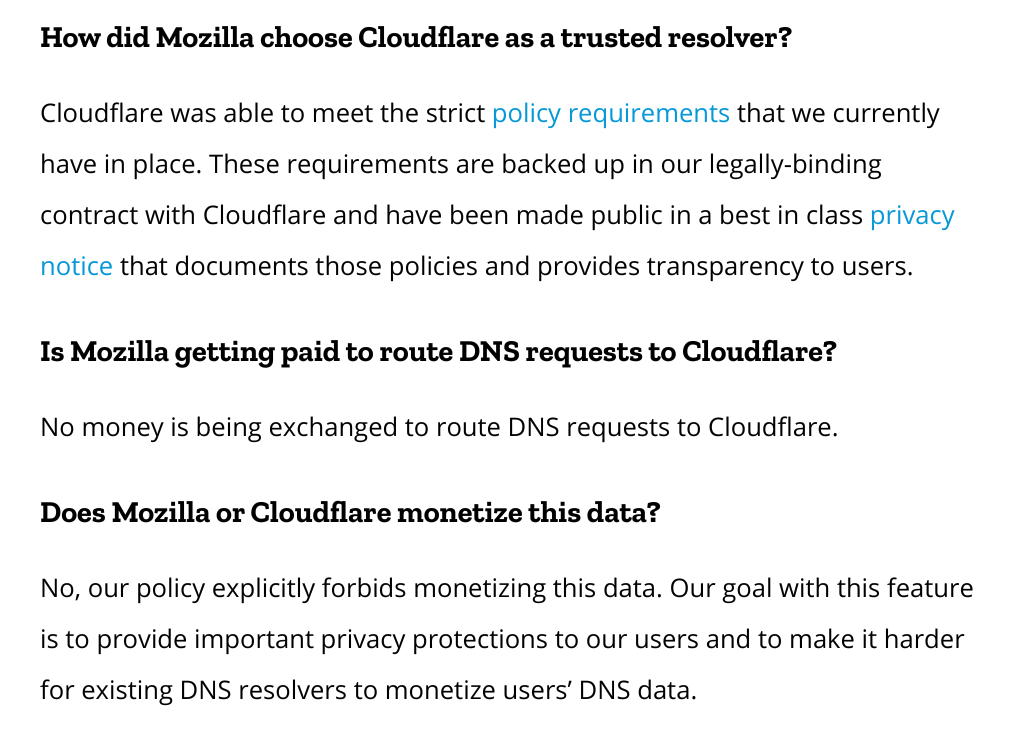 Mozilla 表示与 Cloudflare 关于 DoH 的合作是干净的