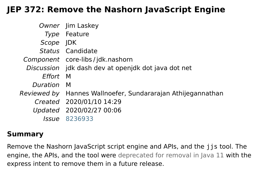 2020 年第一个候选 Java 增强提案，删除 Nashorn JavaScript 引擎