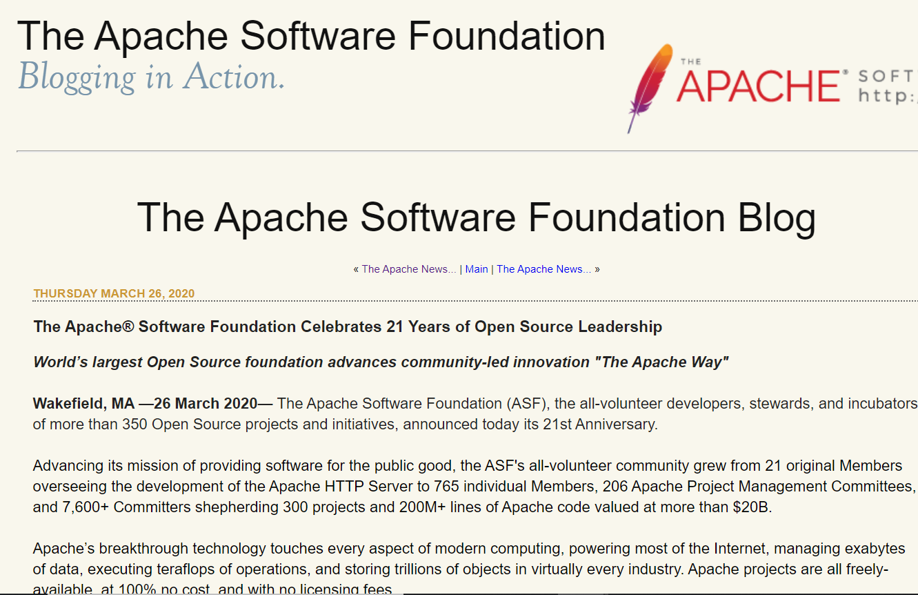 Apache 软件基金会庆祝成立 21 周年