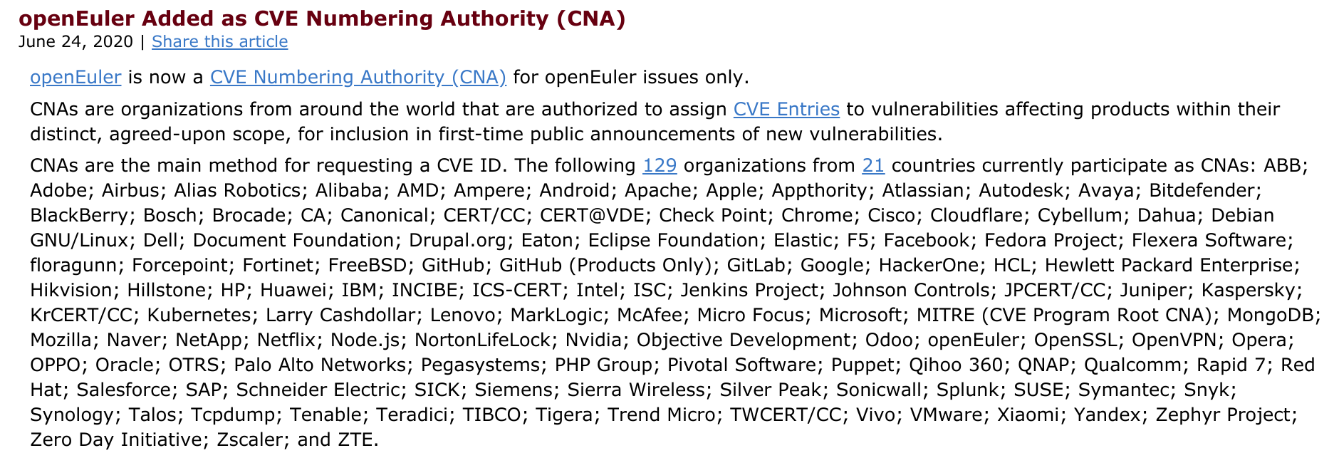 openEuler 成为 CNA，可分发与管理 CVE 编号
