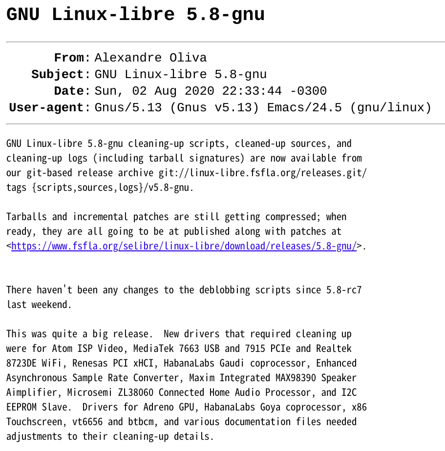 Linux 净化而来的完全自由版本 GNU Linux-libre 5.8 发布