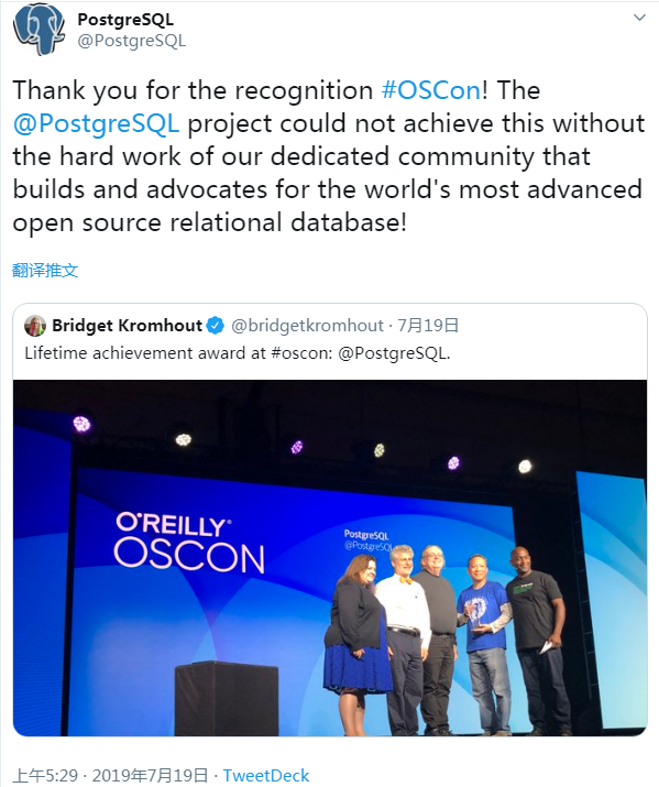 PostgreSQL 荣获 2019 年 O'Reilly 终身成就奖