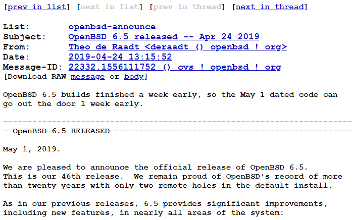 OpenBSD 6.5 正式发布，比原计划提前一周推出