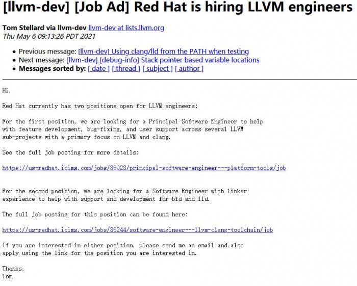 Red Hat正招募2名工程师扩充LLVM编译器人才队伍