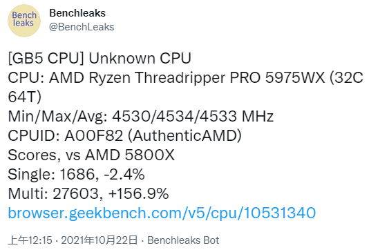 AMD线程撕裂者5975WX跑分曝光:32核越级挑落上代64核3990X