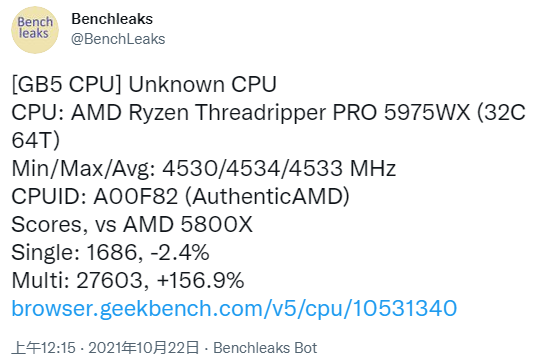 AMD线程撕裂者5975WX跑分曝光：32核越级挑落上代64核3990X