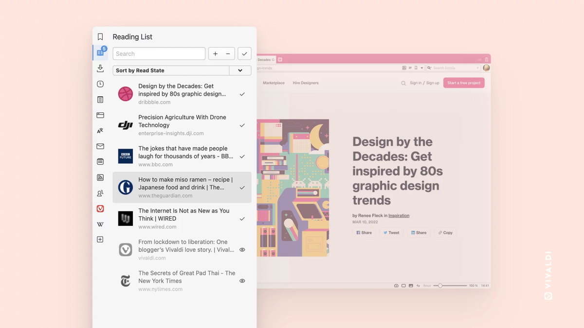 Vivaldi 5.2 增加了阅读列表面板和新的隐私统计栏