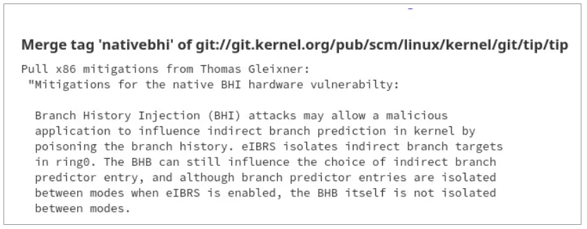 Linux 内核针对分支历史注入 "BHI "英特尔 CPU 漏洞的补丁程序