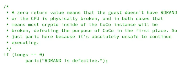 如果 RdRand 崩溃，Linux 上的 CoCo 虚拟机将陷入恐慌，以避免灾难性状况的发生