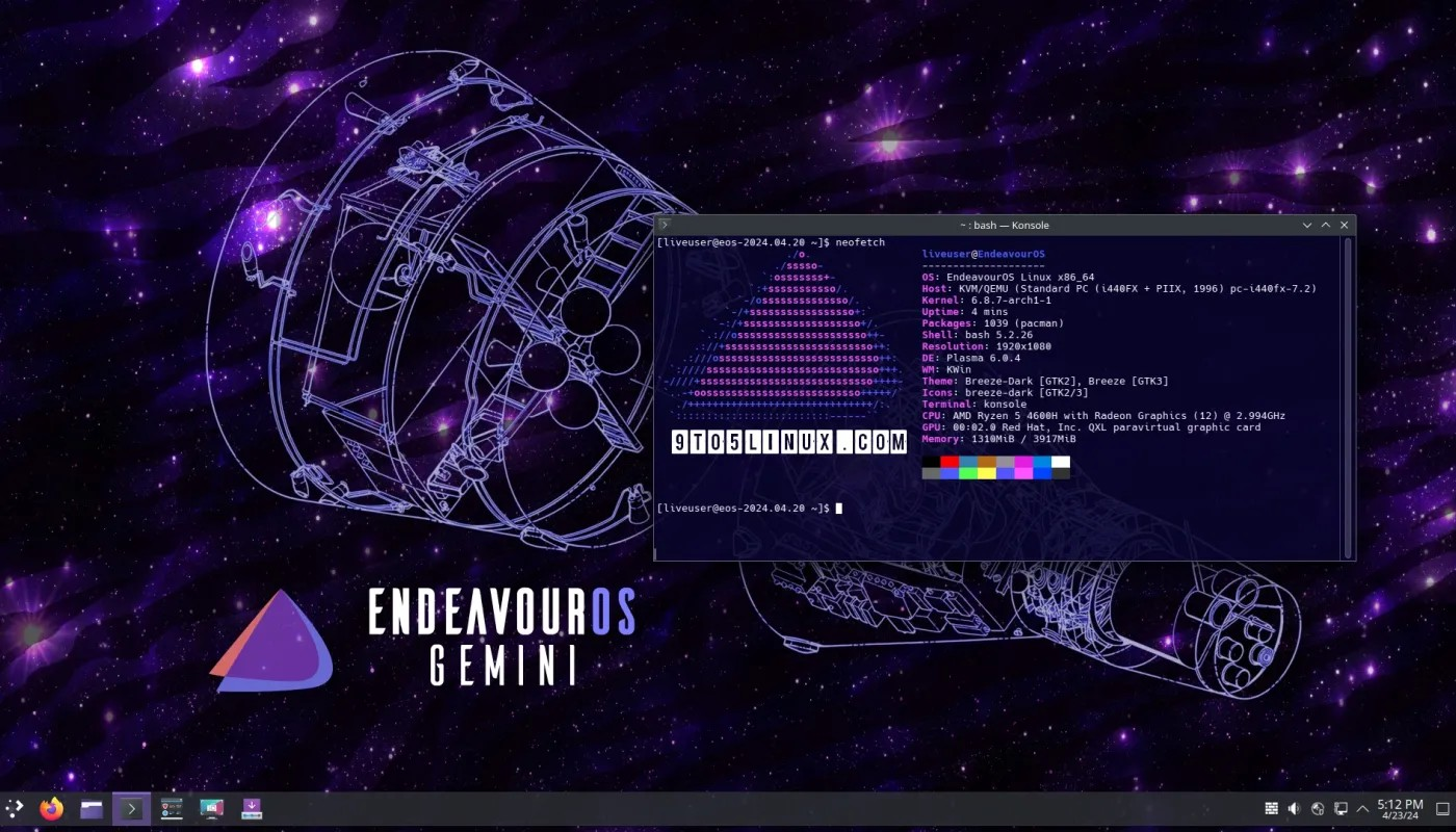 EndeavourOS 双子座登陆 KDE Plasma 6 桌面环境