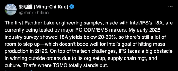 郭明錤:英特尔18A处理器良品率令人失望 目前仅20%无法量产