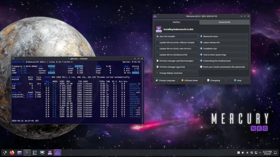 基于 Arch Linux 的 Endeavor OS “Mercury Neo” 发布