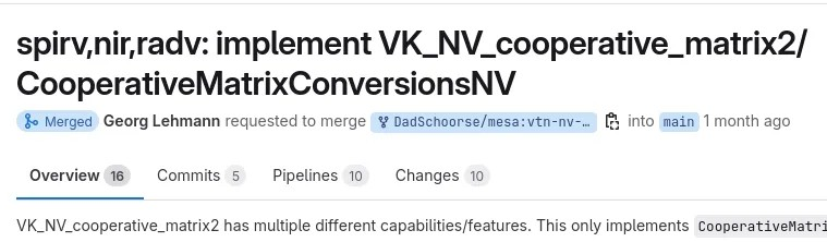 RADV 驱动程序引入了对 NVIDIA Cooperative Matrix 扩展的有限支持