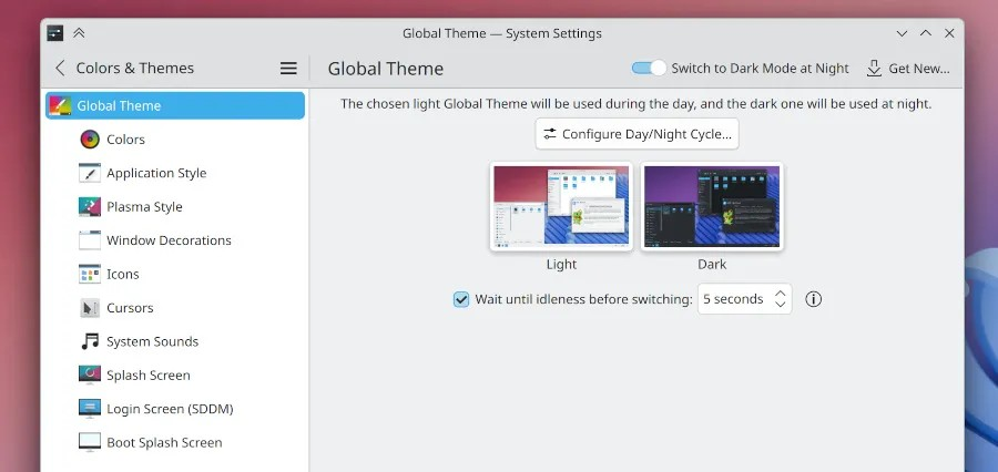 KDE Plasma 6.5 终于增加了自动日/夜主题切换
