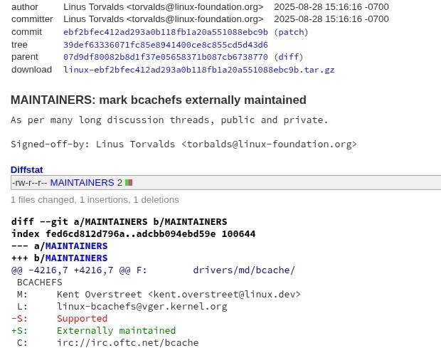 Linus Torvalds 将 Bcachefs 标记为现在“外部维护”