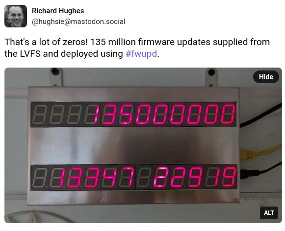 LVFS + Fwupd 为 Linux 用户提供超过 1.35 亿次的固件下载