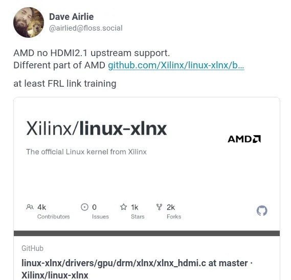AMDGPU 驱动缺少 HDMI 2.1 支持，而 AMD-Xilinx 驱动则具备部分 HDMI 2.1 支持