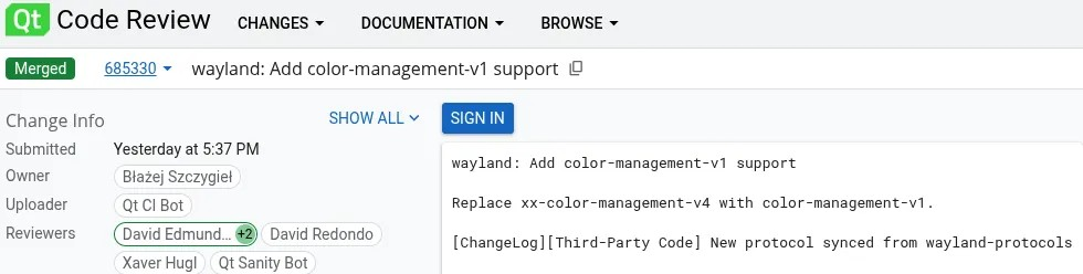 Qt 合并了 Wayland 颜色管理 "color-management-v1"