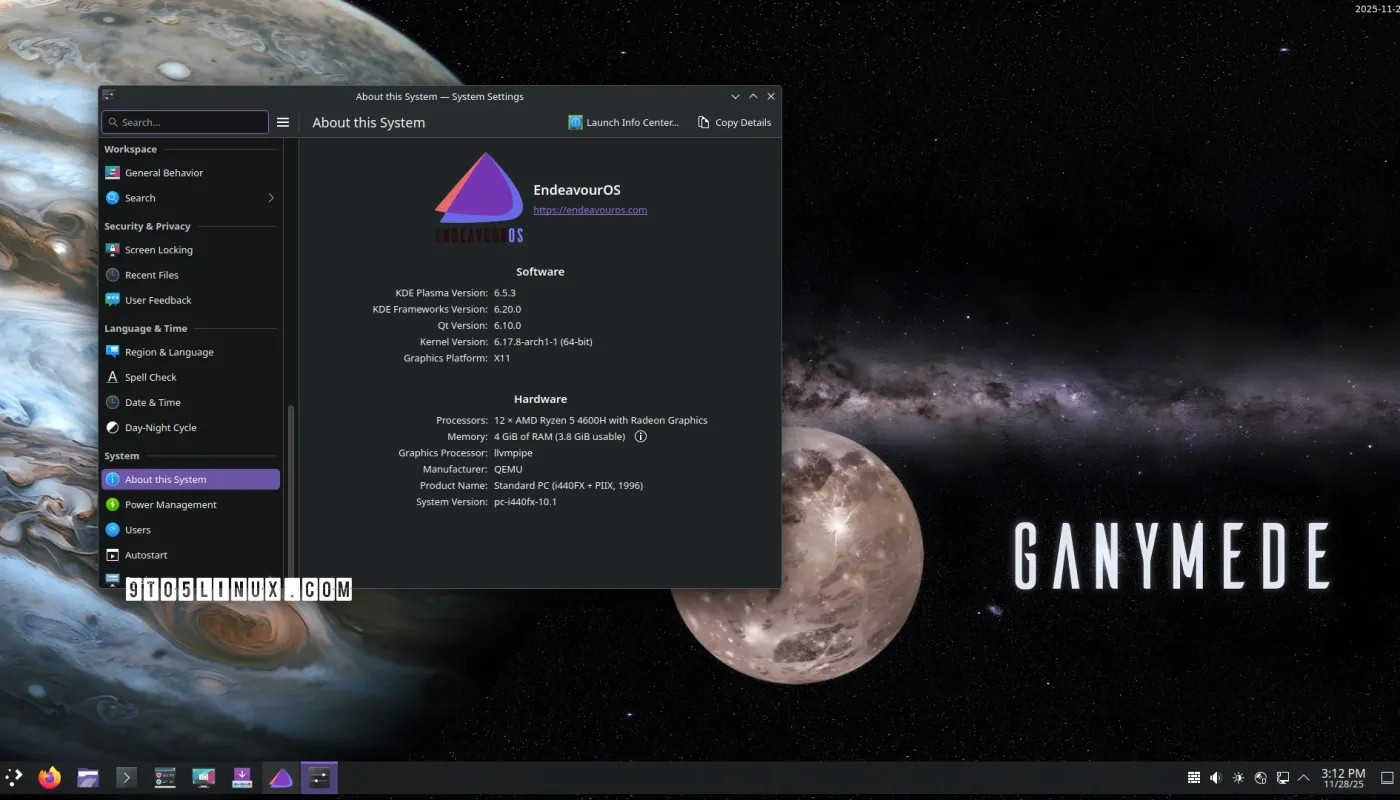 EndeavourOS Ganymede 发布,搭载 KDE Plasma 6.5 和 Linux 内核 6.17