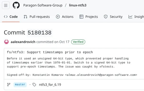 Linux NTFS3 驱动程序现在支持 1970 年之前的时间戳