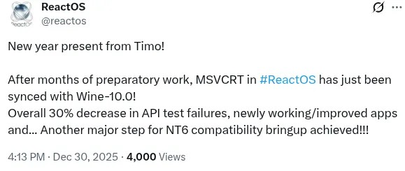 ReactOS 以另一项“重大进展”开启 2026 年,迈向 Windows NT6 兼容性