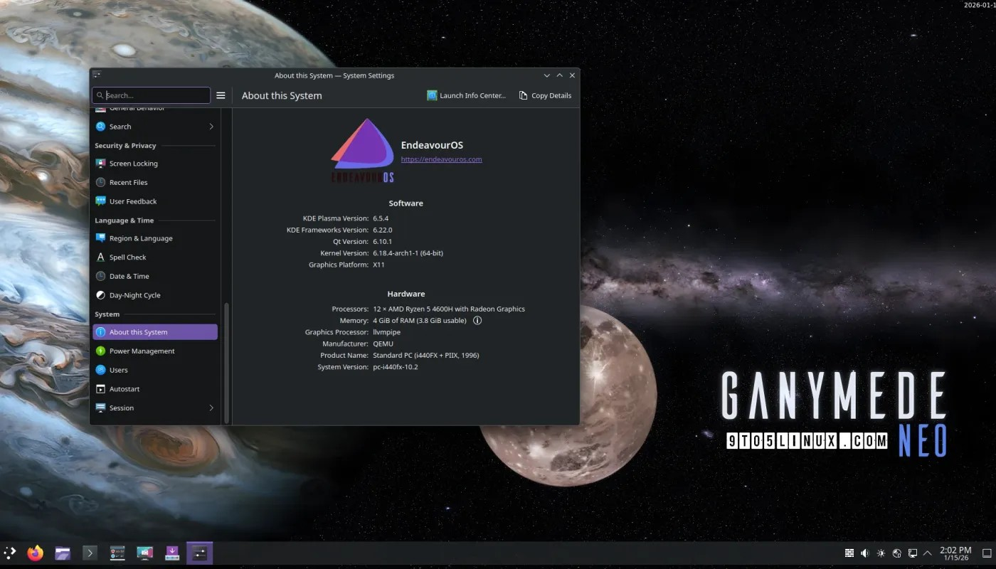 EndeavourOS Ganymede Neo 发布,搭载 Linux Kernel 6.18 LTS 和 KDE Plasma 6.5.4