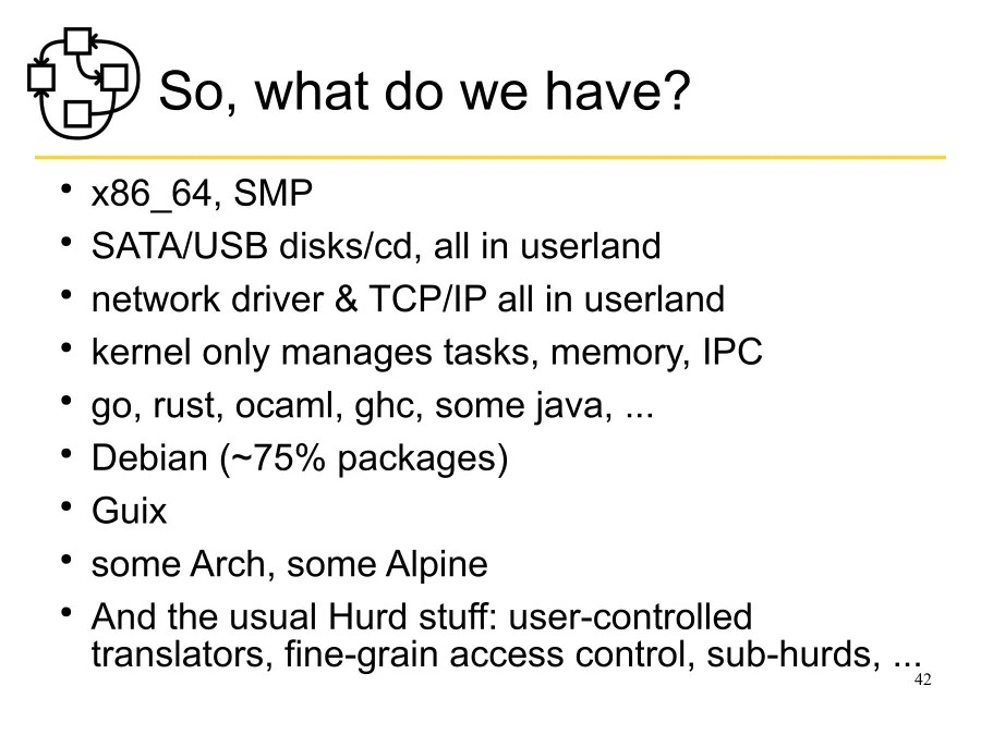 GNU Hurd 在 x86_64、SMP 和约 75% 的 Debian 软件包构建方面已“接近完成”